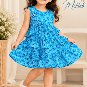 Baby girl wearing Mehtab teal tiered ruffle cotton frock with pearl flower detailing