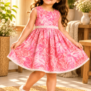 Baby girl wearing Noorjahan coral-pink floral cotton frock with pearl waistband