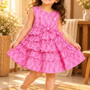 Baby girl wearing Parwana pink tiered ruffle cotton frock with pearl flower detailing