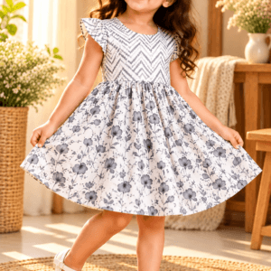 Baby girl wearing Sehar white and black chevron cotton frock with navy floral skirt