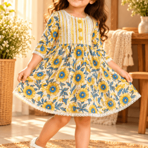 Baby girl wearing Zarina mustard yellow floral cotton frock with blue flower accents