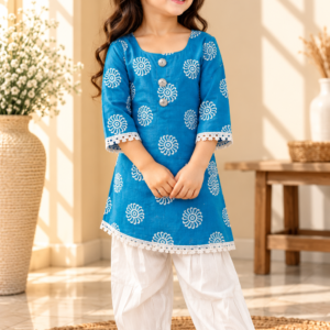 Aaftab baby girl kurti set, blue base, white sun-motif batik print - worn by a baby girl model