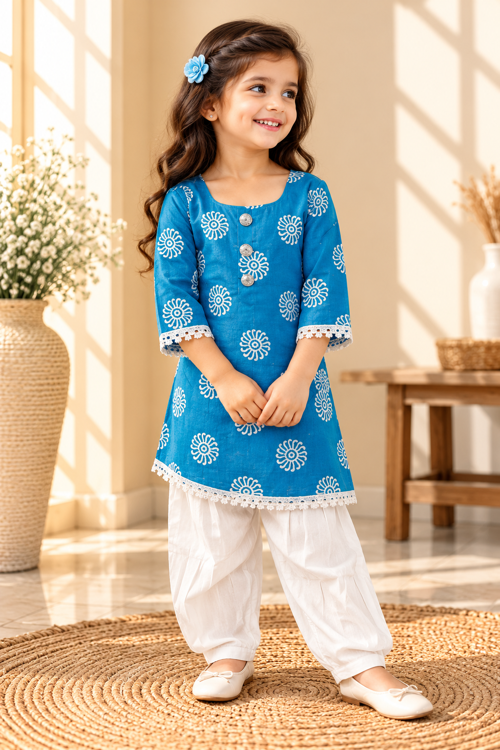 Aaftab baby girl kurti set, blue base, white sun-motif batik print - worn by a baby girl model