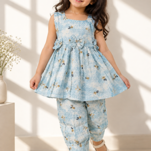 Asman baby girl kurti set, sky-blue and white base, small yellow floral print, sleeveless, gathered waist, 3 bows, matching pants - worn by a baby girl model