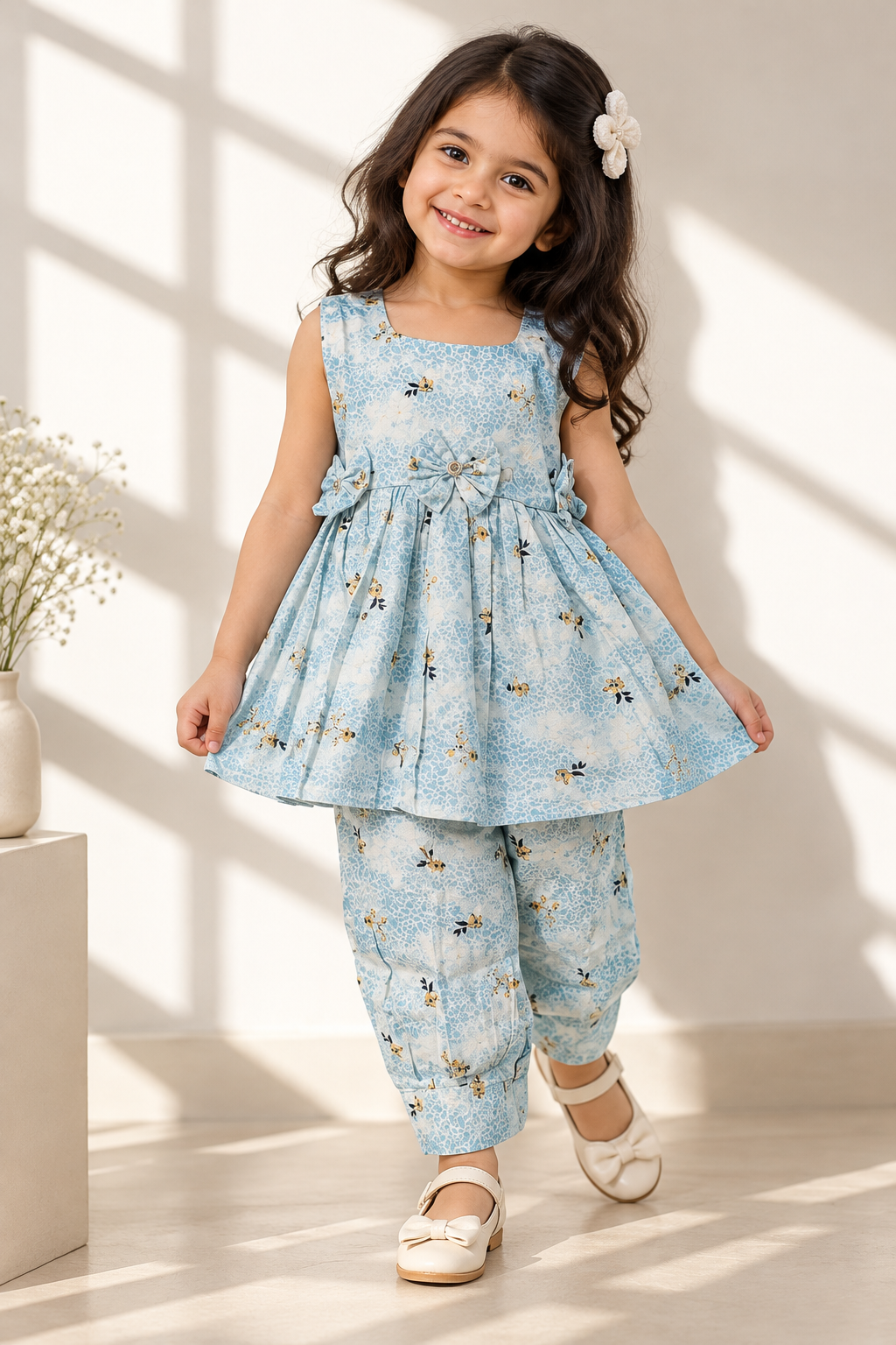Asman baby girl kurti set, sky-blue and white base, small yellow floral print, sleeveless, gathered waist, 3 bows, matching pants - worn by a baby girl model