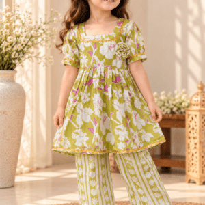 Bahaar baby girl kurti set, olive green base, large white/purple floral print, gold gota trim - worn by a baby girl model
