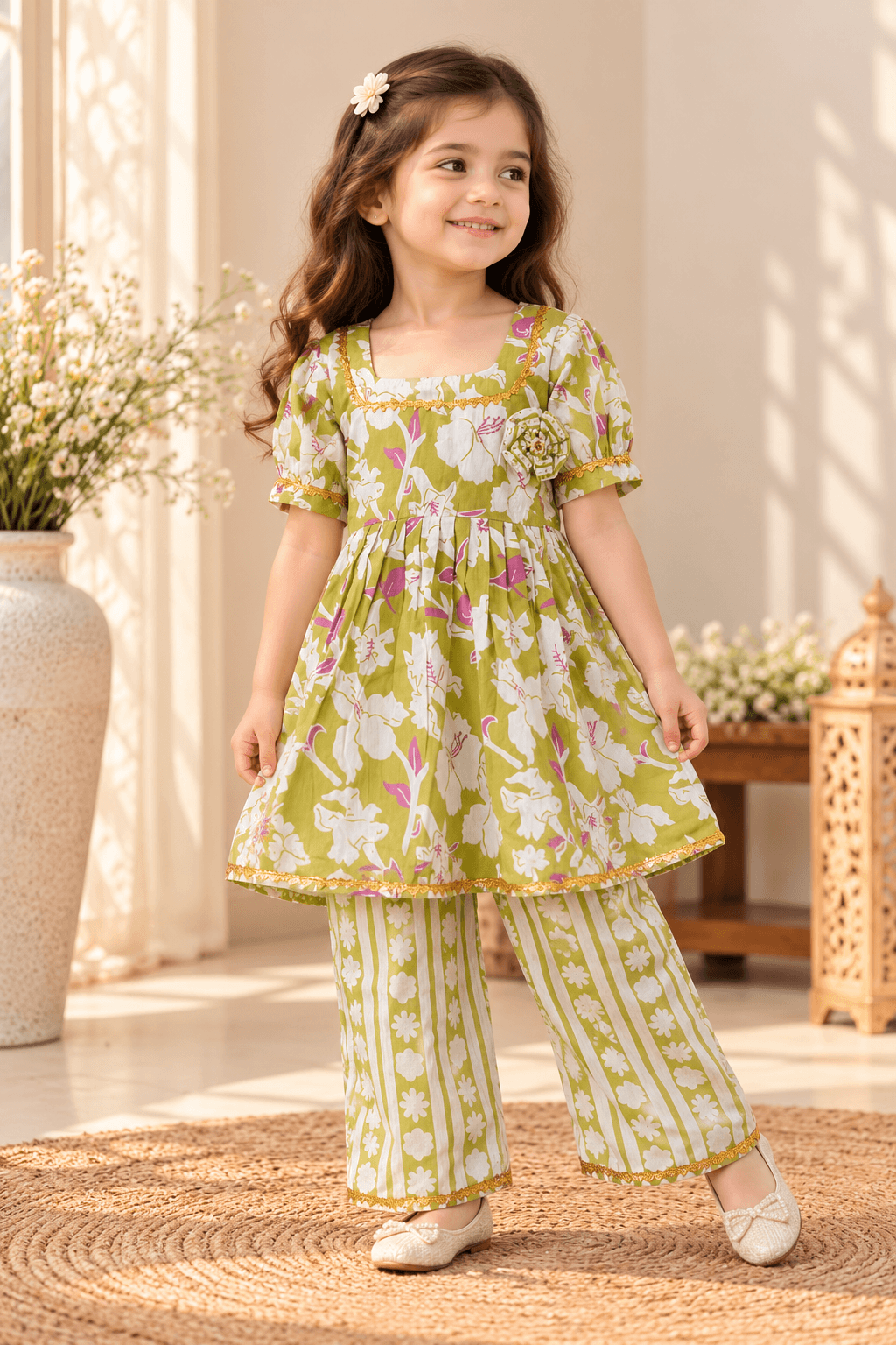 Bahaar baby girl kurti set, olive green base, large white/purple floral print, gold gota trim - worn by a baby girl model
