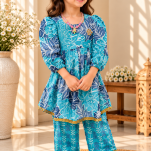 FIrdaus baby girl kurti set, mehndi-green base, white floral print, lace trim - worn by a baby girl model
