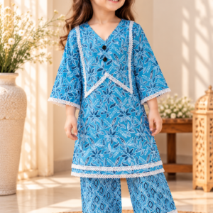 Firoza baby girl kurti set, teal base, white floral print, white lace V-neckline, silver gota trim - worn by a baby girl model