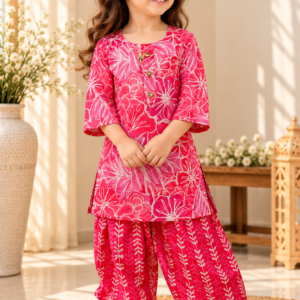 Gulfam baby girl kurti set, coral/salmon pink base, large white floral print, gold buttons, arrow-print palazzo - worn by a baby girl model