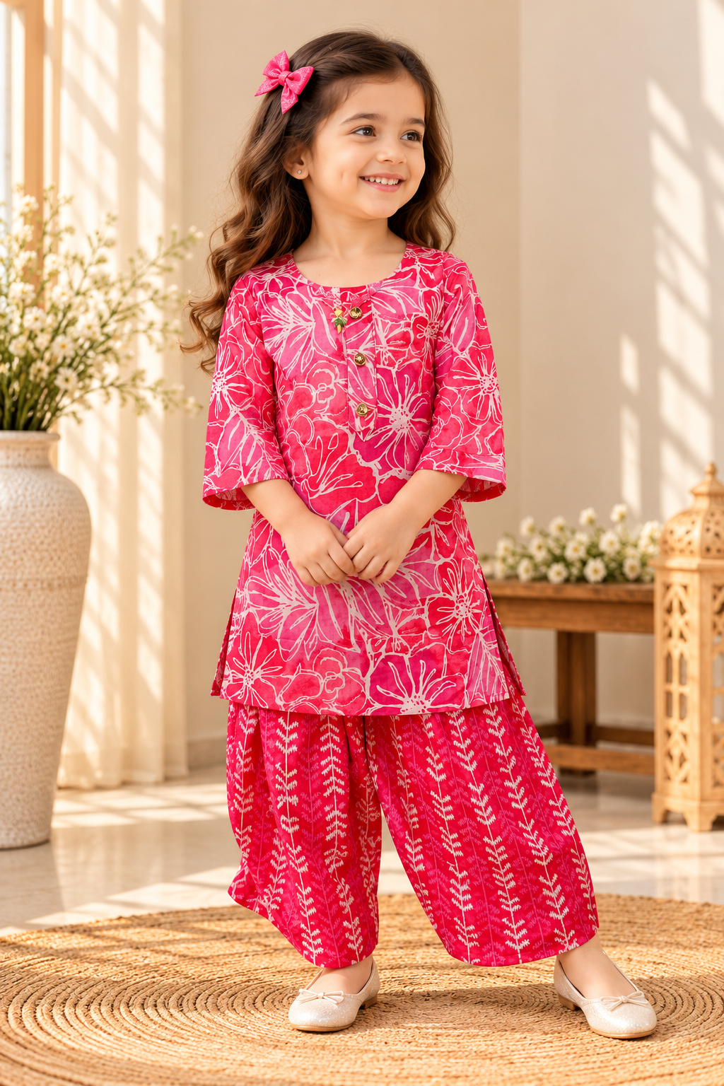Gulfam baby girl kurti set, coral/salmon pink base, large white floral print, gold buttons, arrow-print palazzo - worn by a baby girl model
