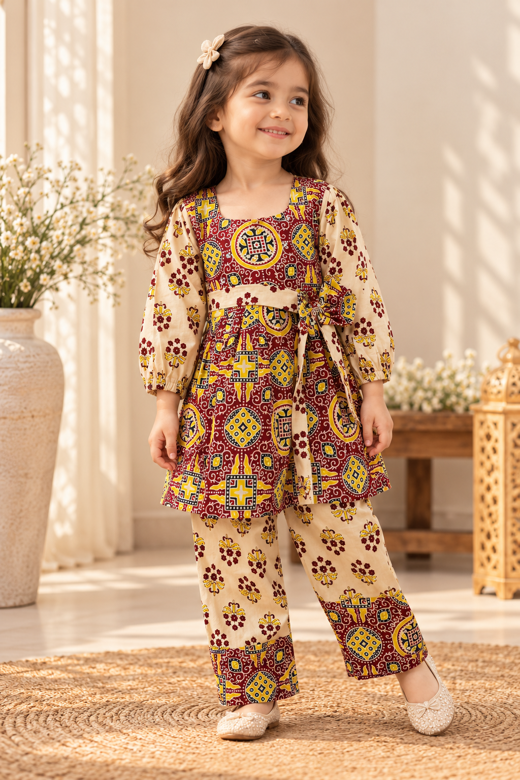 Gulnar baby girl kurti set, red and yellow on cream, bold geometric paisley print - worn by a baby girl model