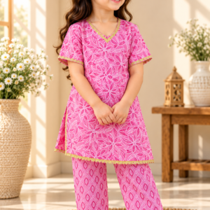 Gulrukh baby girl kurti set, pink base, golden gota pattern - worn by a baby girl model