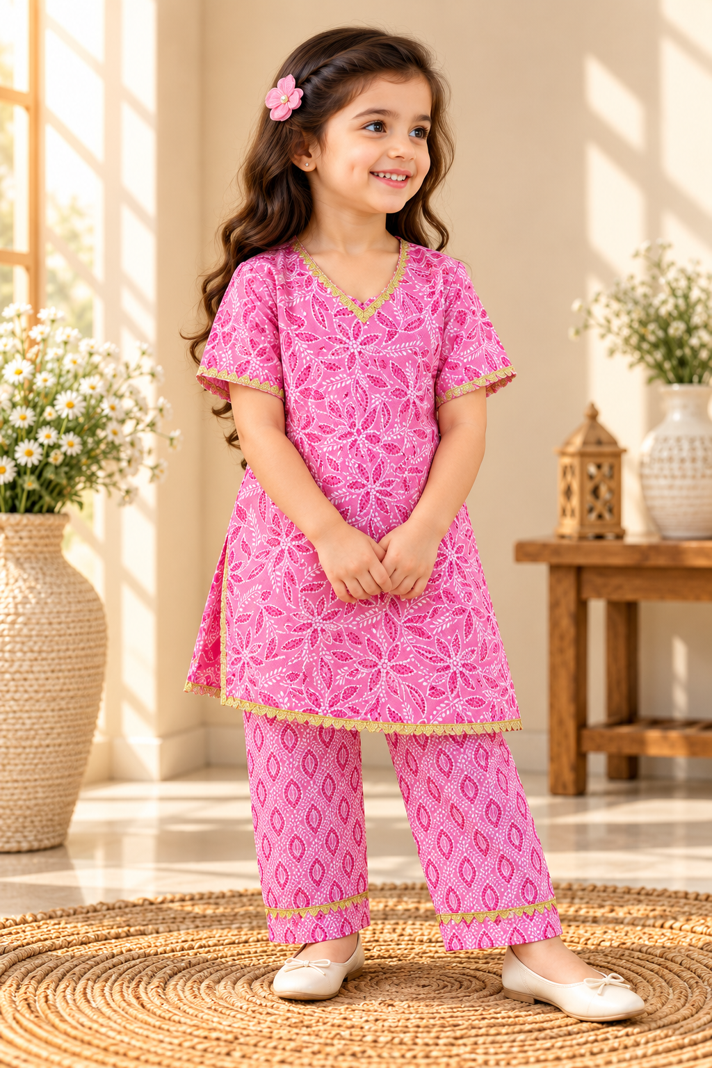 Gulrukh baby girl kurti set, pink base, golden gota pattern - worn by a baby girl model