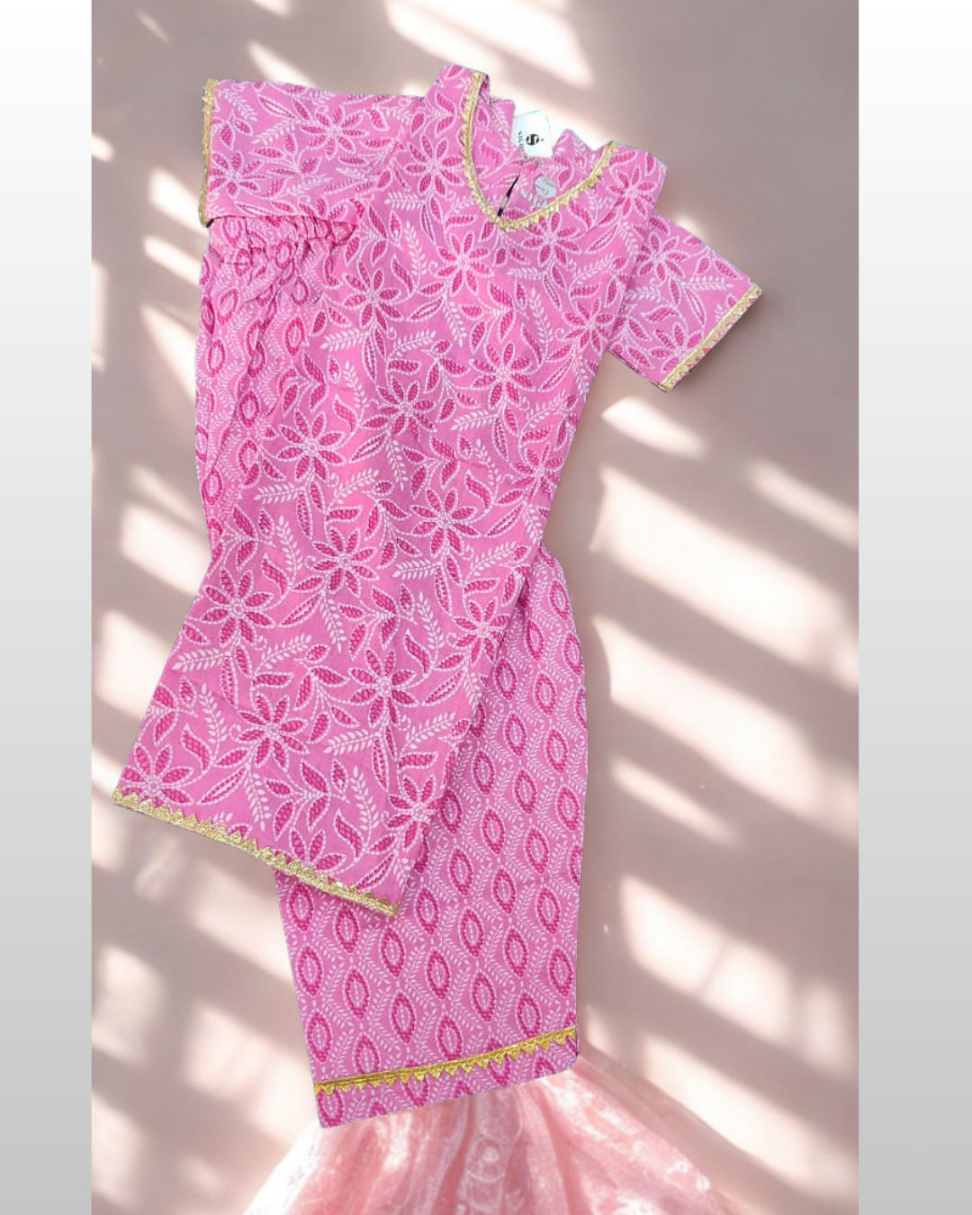 Gulrukh baby girl kurti set, pink base, golden gota pattern - front view