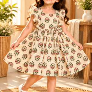 Baby girl wearing Gulzaar cream cotton frock with red and green floral print