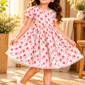 Baby girl wearing Ishq white cotton frock with red heart-shaped floral print