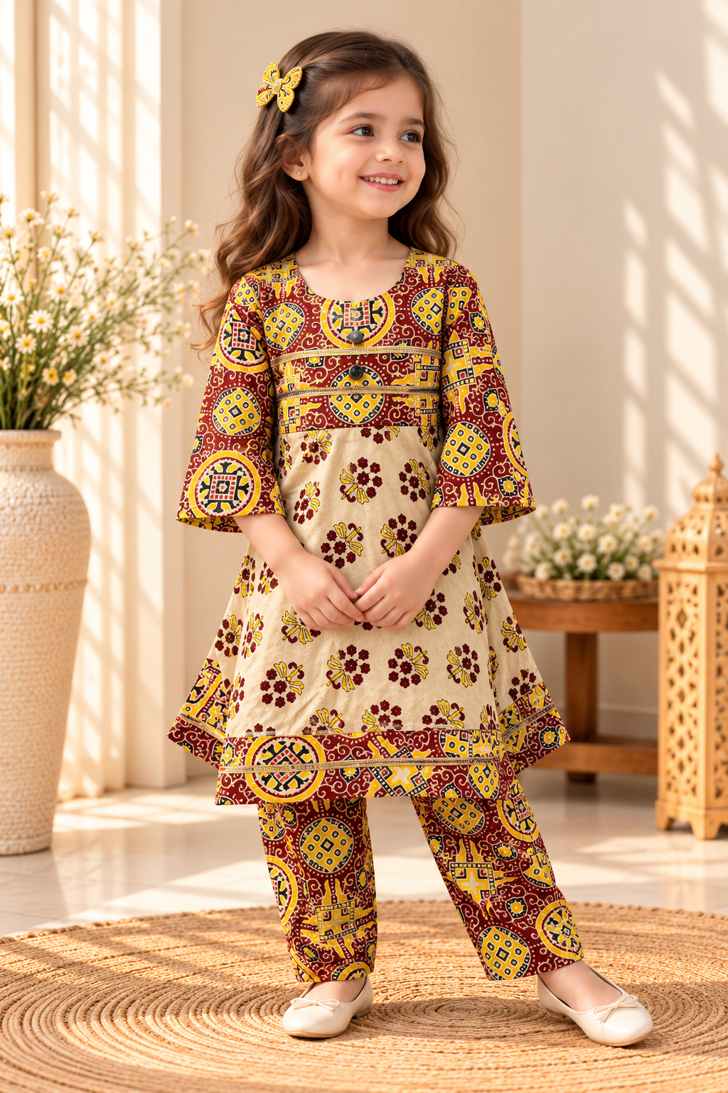 Kesari baby girl kurti set, cream base, red/yellow bold ajrakh geometric print, gold gota trim - worn by a baby girl model