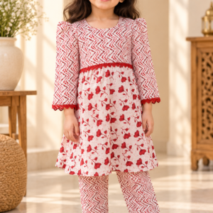 Laal Pari baby girl kurti set, white base, red abstract zigzag and floral print, red lace at waist - worn by a baby girl model
