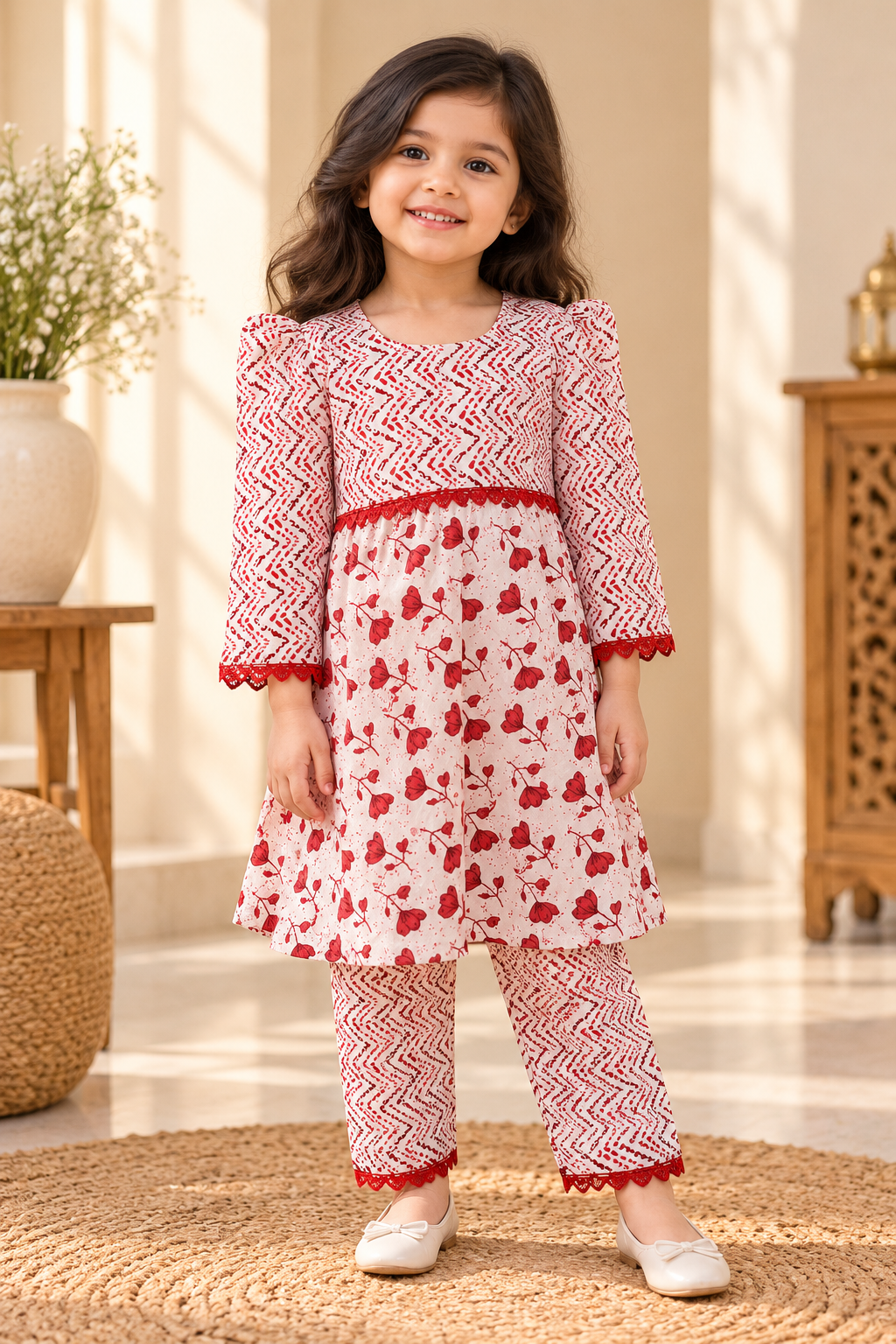 Laal Pari baby girl kurti set, white base, red abstract zigzag and floral print, red lace at waist - worn by a baby girl model