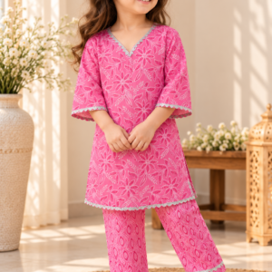 Laali pink cotton kurti set for baby girl with white leaf print and silver gota trim - worn by a baby girl model
