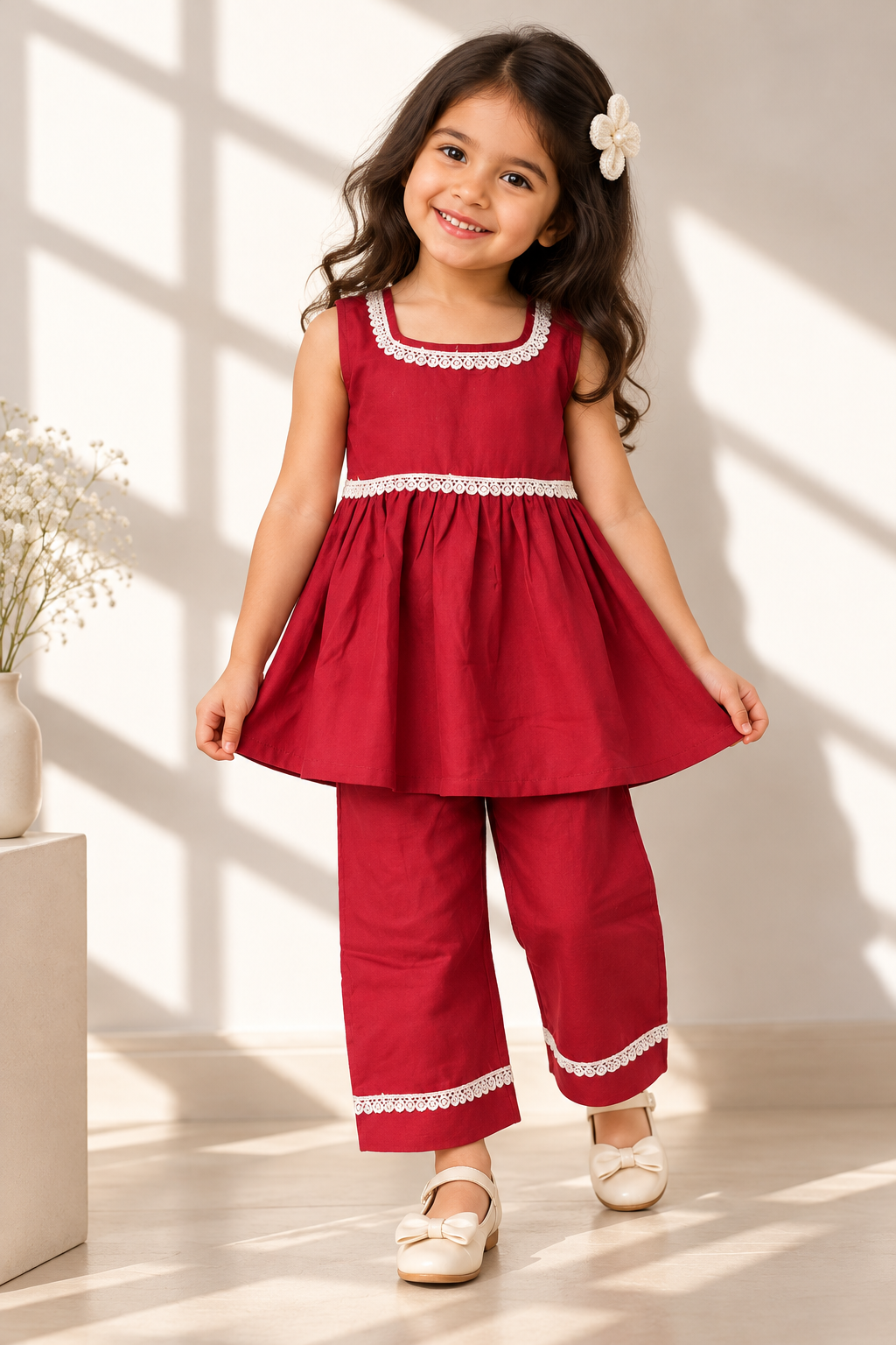 Laadli baby girl kurti set, crimson-maroon base, sleeveless, gathered waist, white lace on neckline, waist and pants hem - worn by a baby girl model