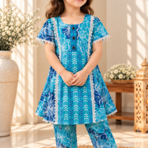 Lahar baby girl kurti set, teal base, large grey/white tropical floral print, white lace, arrow-print palazzo - worn by a baby girl model