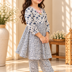 Marmar baby girl kurti set, cream base, pink floral print, white moti (pearl) detailing - worn by a baby girl model