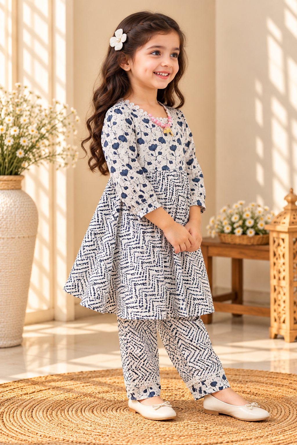 Marmar baby girl kurti set, cream base, pink floral print, white moti (pearl) detailing - worn by a baby girl model