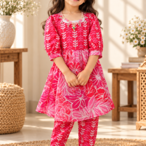 Moti baby girl kurti set, cream base (add print and trim details) - worn by a baby girl model