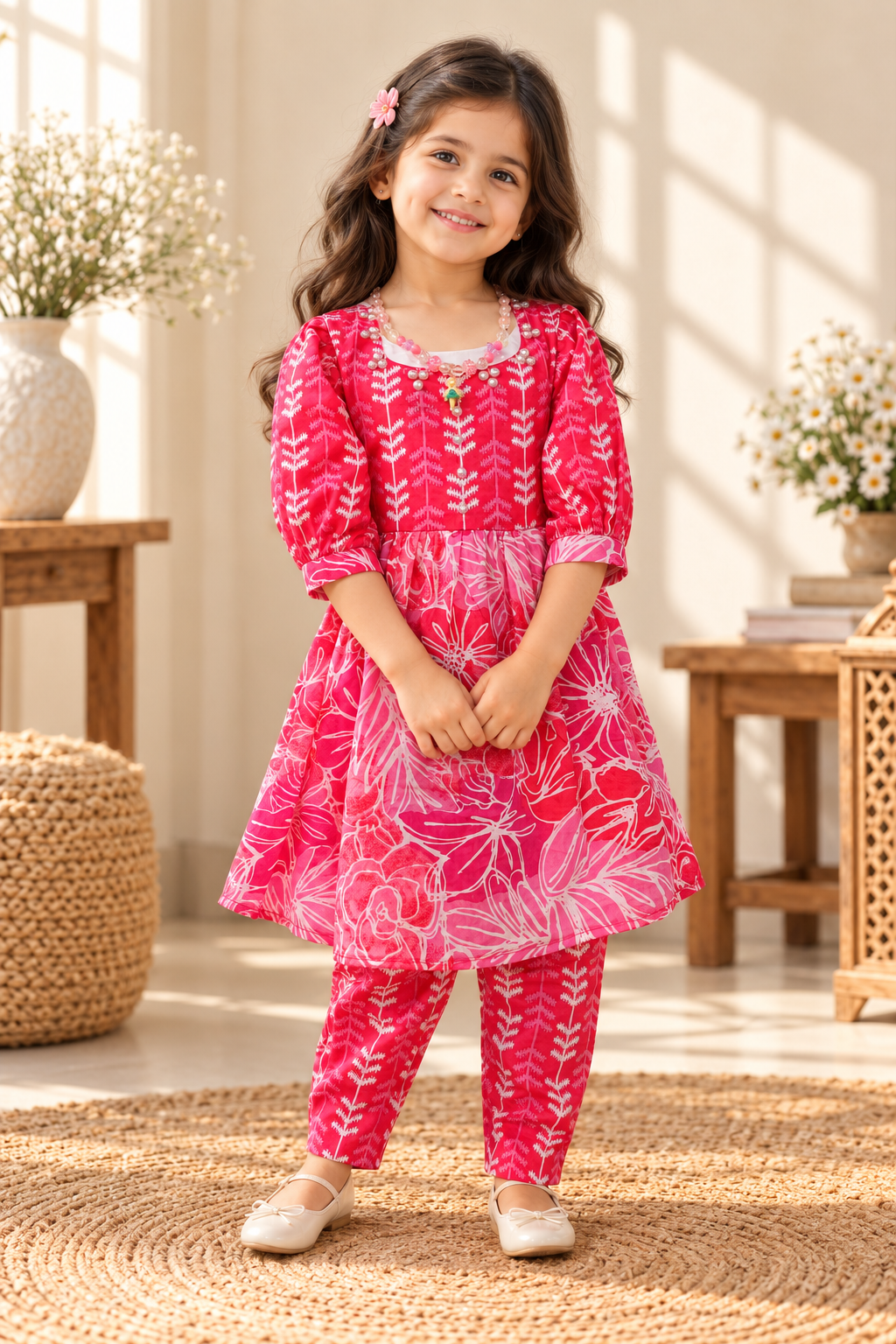 Moti baby girl kurti set, cream base (add print and trim details) - worn by a baby girl model