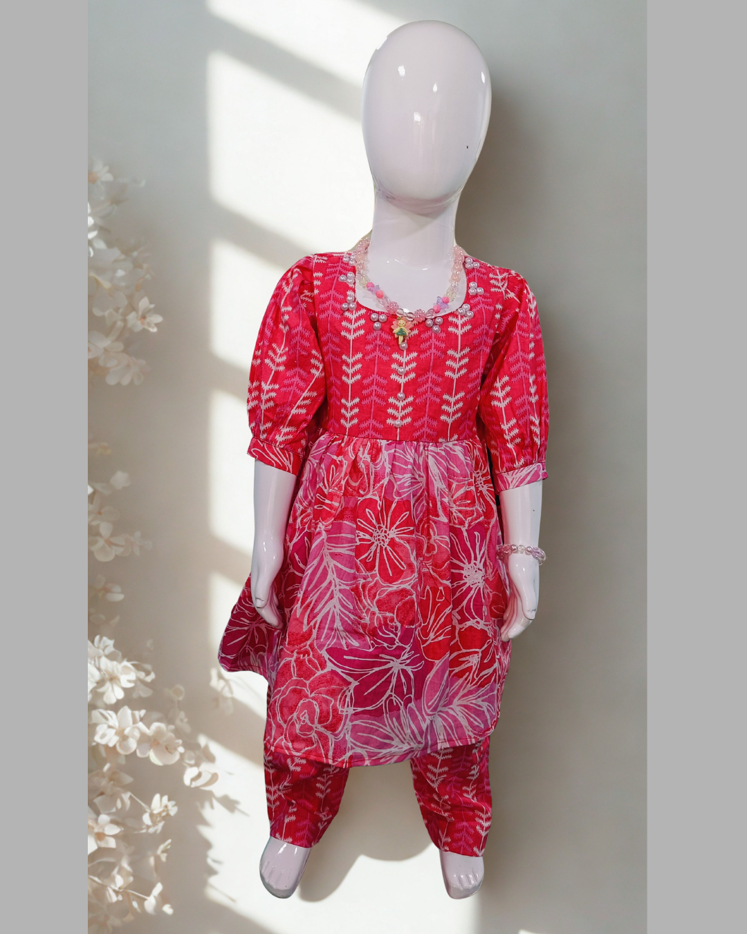 Moti baby girl kurti set, cream base (add print and trim details) - front view