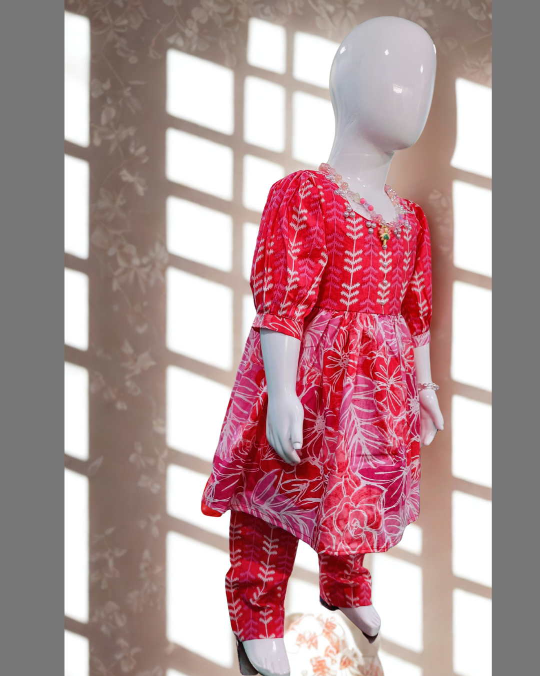 Moti baby girl kurti set, cream base (add print and trim details) - side view