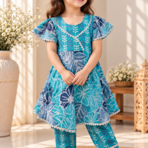 Neelab baby girl kurti set, teal base, large grey/white tropical floral print, silver gota, V-neckline - worn by a baby girl model