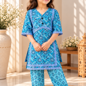 Neelam baby girl kurti set, blue base, dark blue leaf/floral print, blue lace, oval-print palazzo - worn by a baby girl model