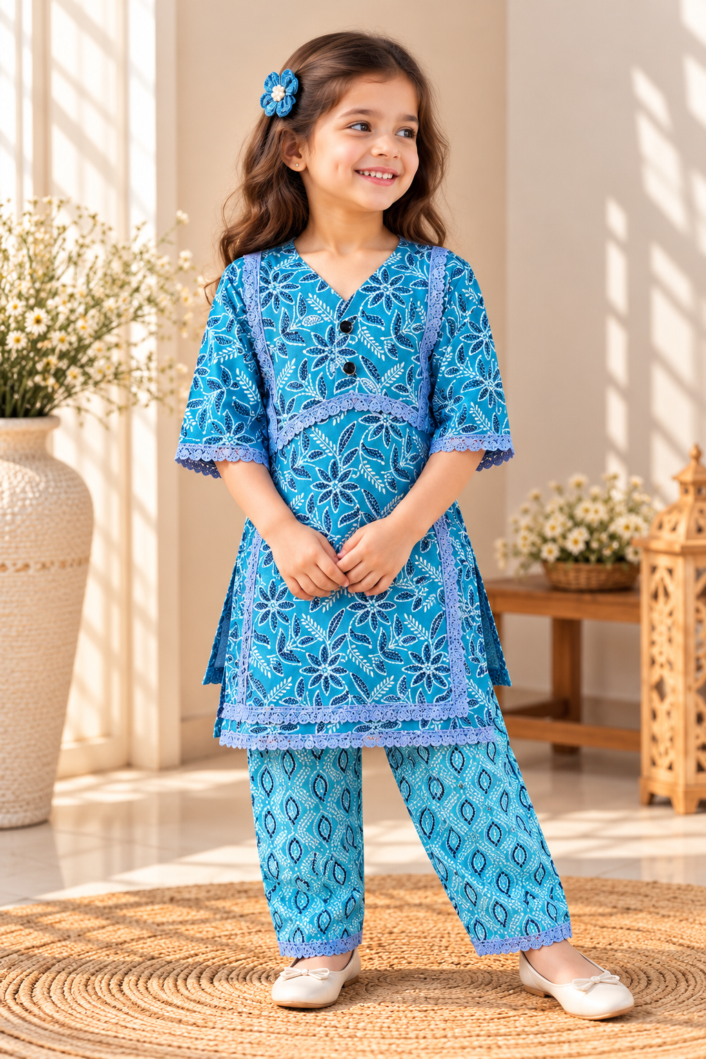 Neelam baby girl kurti set, blue base, dark blue leaf/floral print, blue lace, oval-print palazzo - worn by a baby girl model