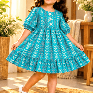 Baby girl wearing Nilofar teal chevron and leaf print cotton frock