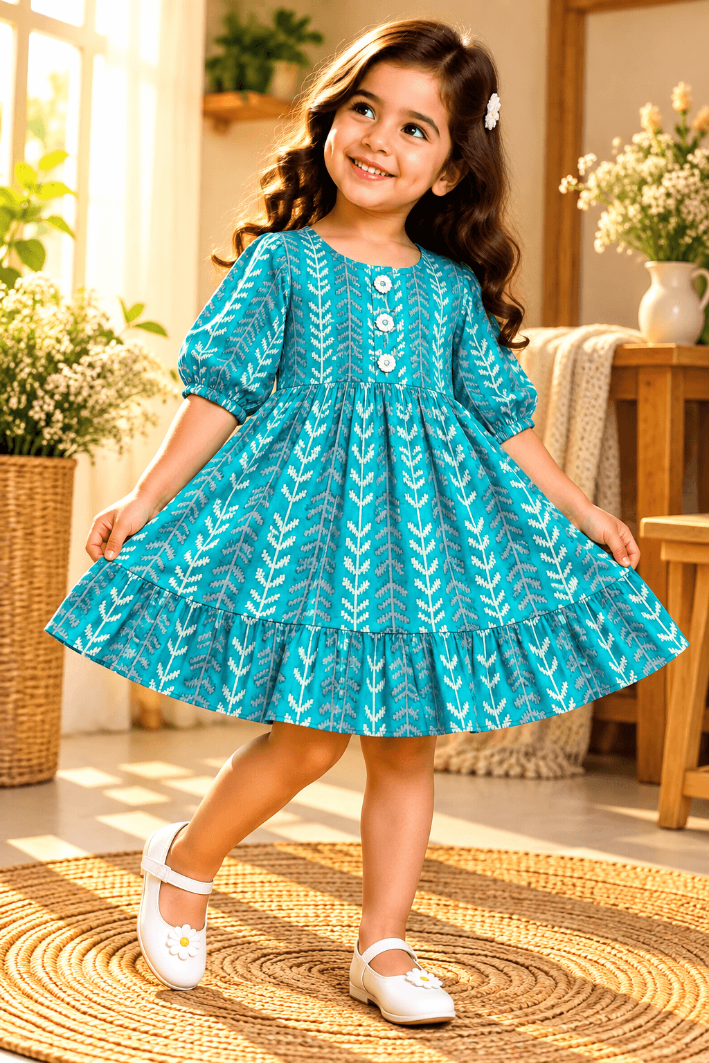 Baby girl wearing Nilofar teal chevron and leaf print cotton frock