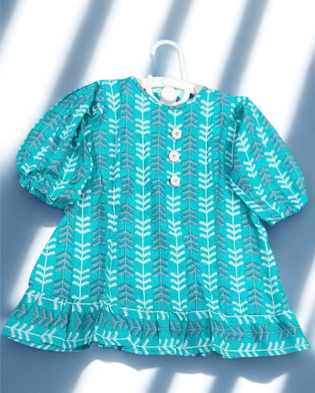 Nilofar teal chevron and leaf print cotton frock for baby girl - front view