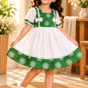 Nilofar teal chevron and leaf print cotton frock for baby girl - front view