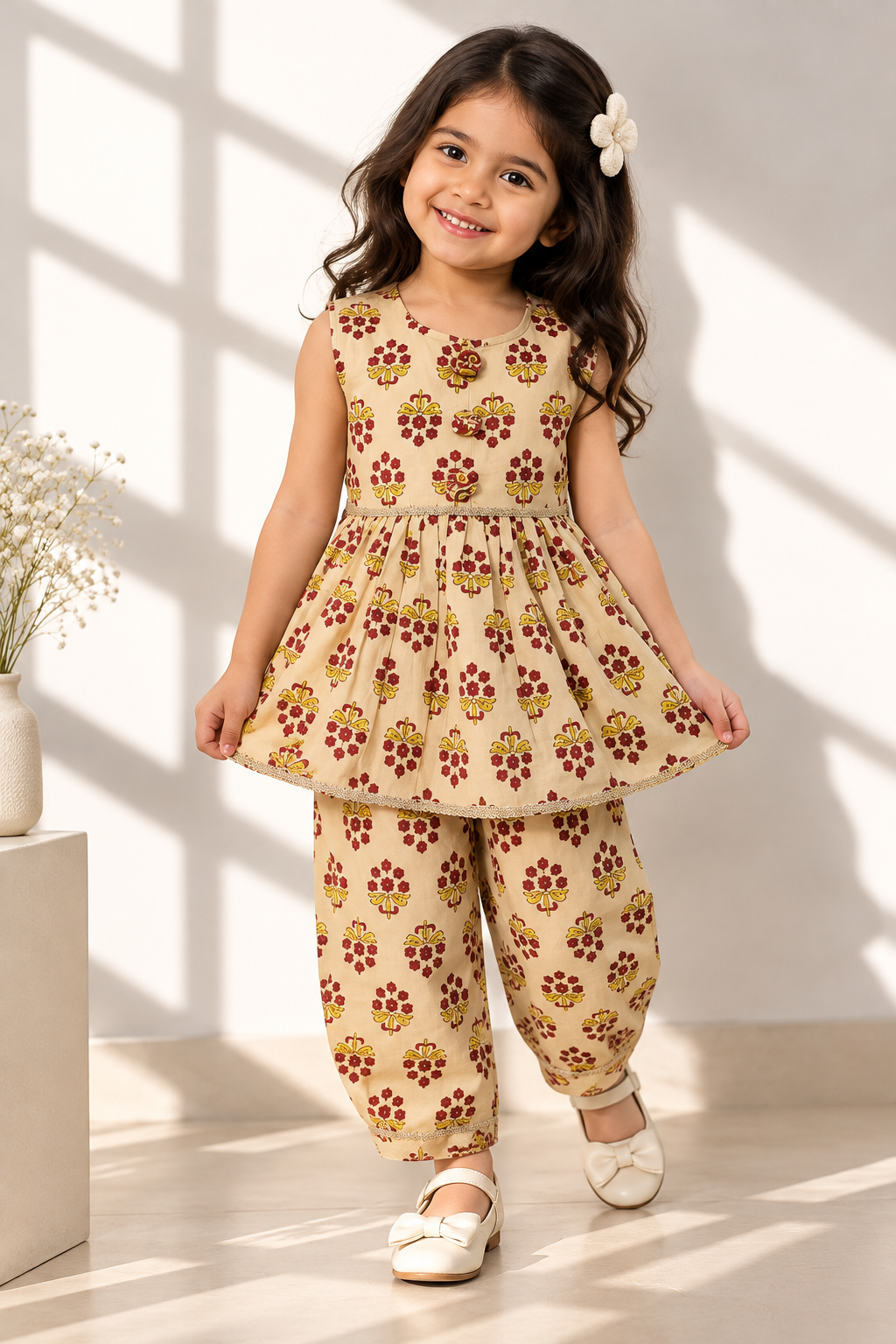 Parizaad baby girl kurti set, cream base, red-yellow floral block print, sleeveless, gathered waist, 3 buttons, gold braid, matching pants - worn by a baby girl model