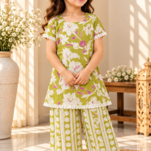 Parna baby girl kurti set, olive green base, large white/purple floral print, white stripe, white lace - worn by a baby girl model
