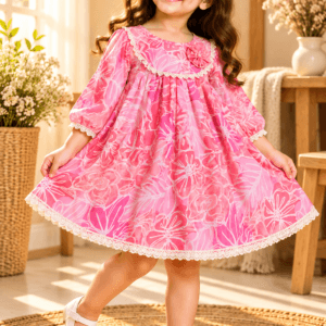 Baby girl wearing Nazakat pink and red abstract floral cotton frock
