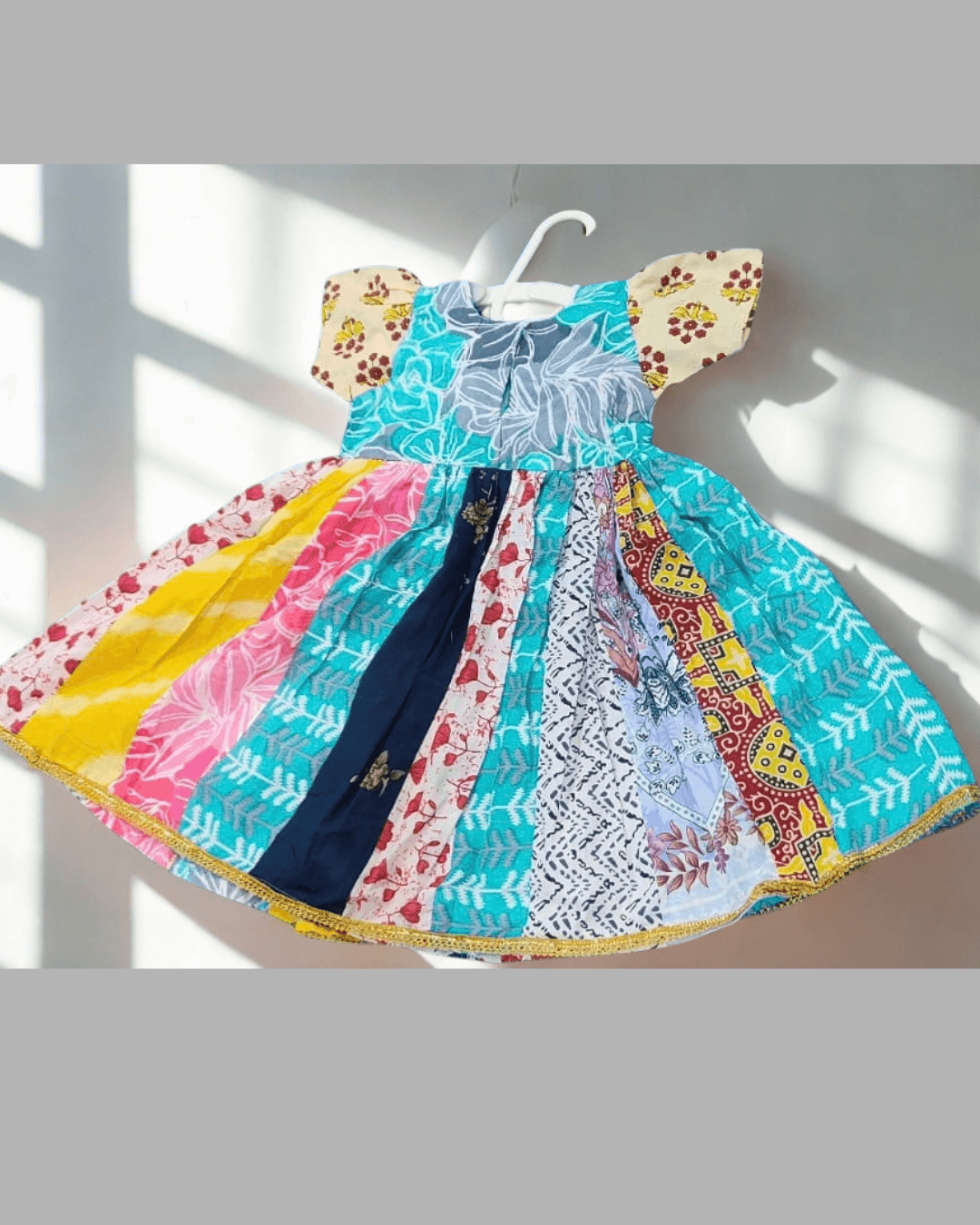 Rangrez multicolour patchwork print cotton frock for baby girl - front view