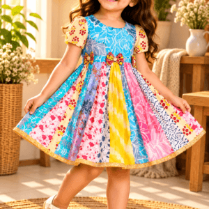 Baby girl wearing Rangrez multicolour patchwork print cotton frock