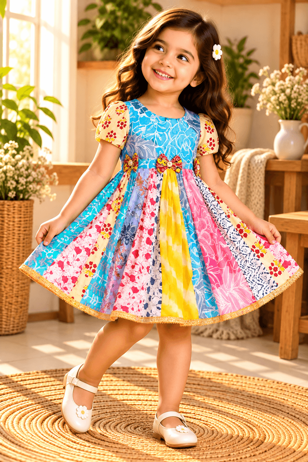 Baby girl wearing Rangrez multicolour patchwork print cotton frock