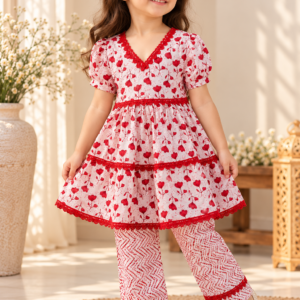 Rani baby girl kurti set, white base, small red floral print, red lace neckline - worn by a baby girl model
