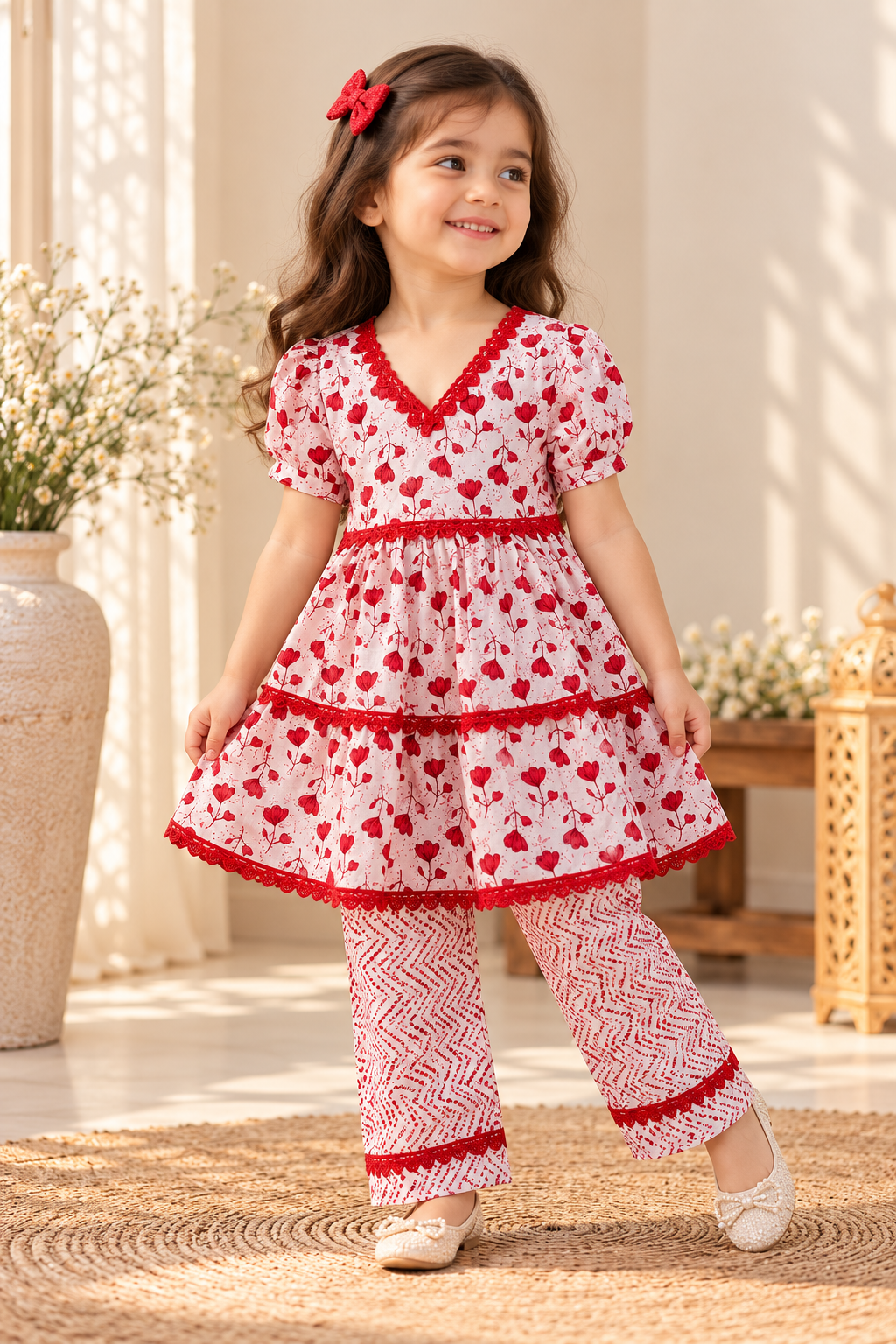Rani baby girl kurti set, white base, small red floral print, red lace neckline - worn by a baby girl model