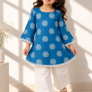 Roshni baby girl kurti set, blue base, white sun-motif print, square neckline, bell sleeves, white lace trim, white pants - worn by a baby girl model