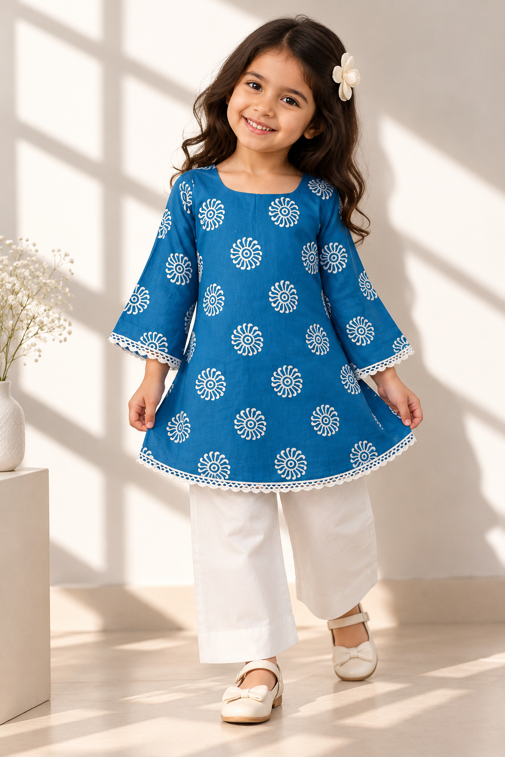 Roshni baby girl kurti set, blue base, white sun-motif print, square neckline, bell sleeves, white lace trim, white pants - worn by a baby girl model